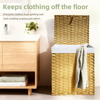 Wicker Laundry Hamper with Lid,24Gal (90 L) Rattan Laundry Basket 2 Sections with Lid, Removable Machine Washable Line, Large Clothes Hamper with Handles for Bathroom Bedroom, Yellow - color: Yellow, size: 90L