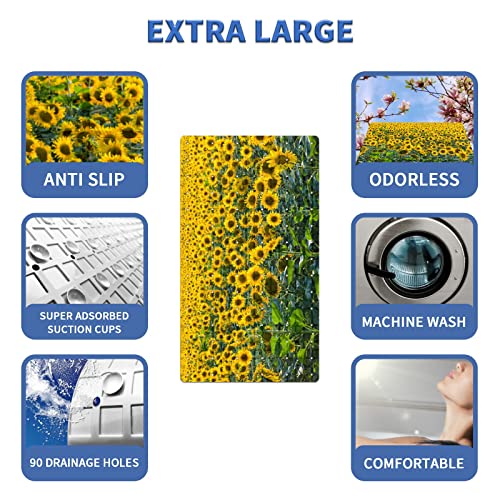 FCZ Bath Tub Mat Non Slip Shower Mat Sunflower Field 26.8x15 inches Rectangular PVC Mat with Suction Cups Drain Holes Machine Washable - color: Sunflower Field