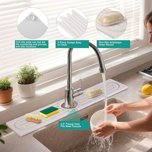 23.6" Drying Stone Faucet Mat for Kitchen Sink - Diatomite Quick Dry Splash Guard, Water Absorbent Stone Tray, Durable Protector for Bathroom Counter (White, 23.6" x 3.9")
