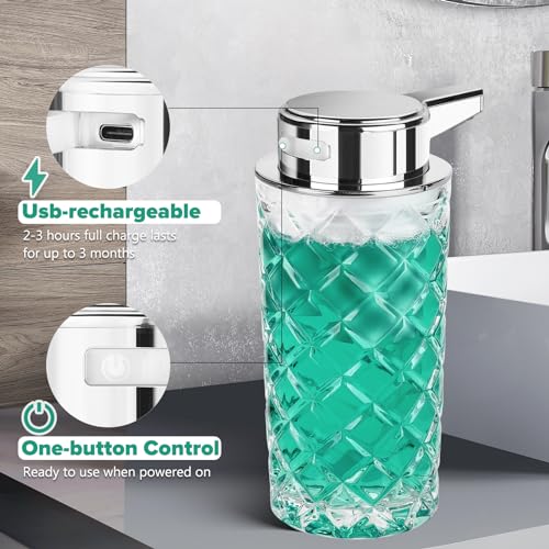 Automatic Soap Dispenser Foam for Kitchen: 11 OZ Glass Touchless Clear Auto Foaming Soap Dispenser for Bathroom - Hand Dish Lotion Home Countertop Kids - Family Couple - color: Diamond Style Foam