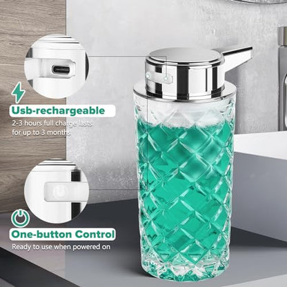 Automatic Soap Dispenser Foam for Kitchen: 11 OZ Glass Touchless Clear Auto Foaming Soap Dispenser for Bathroom - Hand Dish Lotion Home Countertop Kids - Family Couple - color: Diamond Style Foam