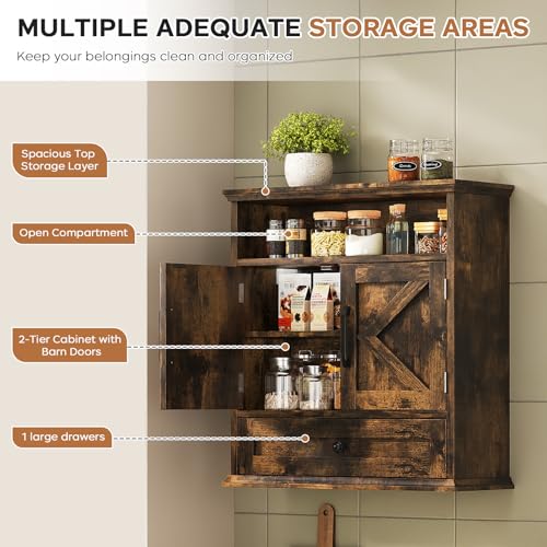 Bathroom Wall Cabinet, Wall Mounted Medicine Cabinet 24.4"H x 23.6"W x 9"D | With Drawer, Barn Doors & Adjustable Shelf, Rustic Brown Over Toilet Farmhouse Cabinet for Kitchen, Laundry Room, Entryway - color: Rustic Brown