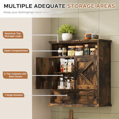 Bathroom Wall Cabinet, Wall Mounted Medicine Cabinet 24.4"H x 23.6"W x 9"D | With Drawer, Barn Doors & Adjustable Shelf, Rustic Brown Over Toilet Farmhouse Cabinet for Kitchen, Laundry Room, Entryway - color: Rustic Brown