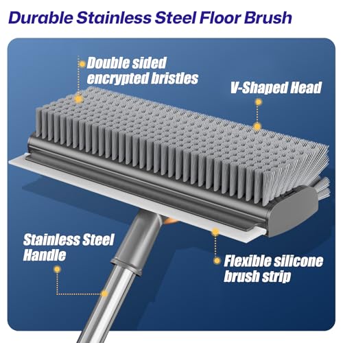 3-in-1 Floor Scrub Brush with Long Handle, Scrape and Heavy-Duty Stiff Bristle Floor Scrubber Brush with Squeegee and Tweezer for Cleaning Tile Kitchen Wall Deck Bathroom Patio Garage