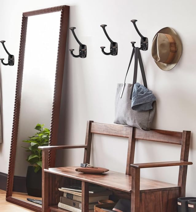 Oil Rubbed Bronze Hooks Large Wall Mounted Decorative Solid Heavy-Duty Double-Sided Coat Hooks Triple Coat Hook Towels Coats Robes Towels Bag Bathroom Three Prong Coat Hook (2 Pack) - color: Oil Rubbed Bronze