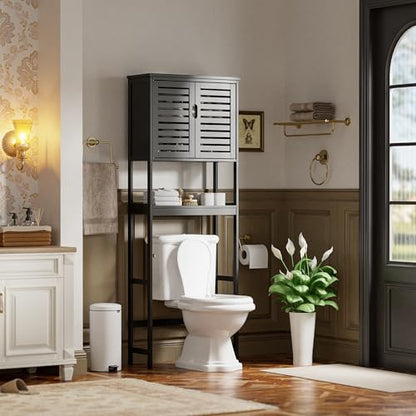 SMIBUY Bathroom Over The Toilet Storage Cabinet, 2 Door Bamboo Cabinet Organizer, Freestanding Space Saver Toilet Rack with Adjustable Inside Shelf and Open Shelf (Black) - color: Black