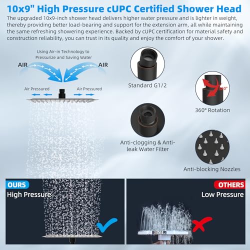 Hibbent 10'' Rain Shower Head with 16'' Extension Arm, Oil Rubbed Bronze | cUPC Certified High Pressure Rainfall Showerhead with Solid Brass Adjustable Shower Head Extension Arm, Fixed Showerheads - color: Oil Rubbed Bronze, style: Square 10''