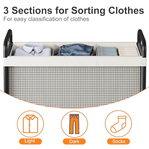 WOWLIVE Rolling Laundry Hamper 3 Section, 120L Laundry Basket with Wheels | Laundry Sorter with Metal Handle and Removable Bag, Clothes Hamper for Laundry Room, Bathroom and Dorm, Beige - size: 3-Section