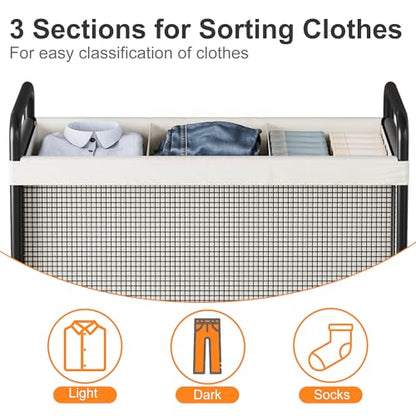 WOWLIVE Rolling Laundry Hamper 3 Section, 120L Laundry Basket with Wheels | Laundry Sorter with Metal Handle and Removable Bag, Clothes Hamper for Laundry Room, Bathroom and Dorm, Beige - size: 3-Section