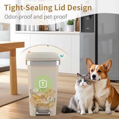 UUJOLY Small Bathroom Trash Can with Lid Step Pedal, 2.6 Gallon, Khaki | Soft-Close Sturdy Garbage Can + 3 Rolls Trash Bags, For Bathroom, Kitchen, Bedroom, Office, Dorm, Laundry, RV - color: Khaki