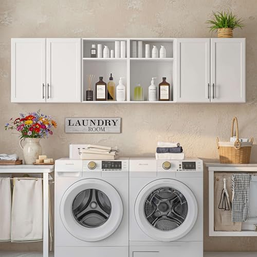 Furnaza 78.6" W Wall Cabinets for Laundry Room with Adjustable Shelf | White Upper Kitchen Wall Mounted Cabinets With Two Shaker Doors for Bathroom,Garage,12"D x 22"H,Floating Hanging Storage - size: 78.6"W