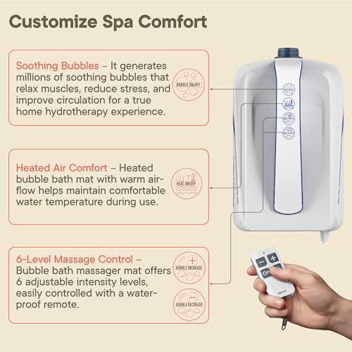 Bubble Bath Massager Mat for Bathtub, 47.24" x 14.57" Full-Body Heated Air Spa with 6-Level Adjustable Bubbles, Non-Slip Waterproof Design, Remote Control, For Stress, Muscle Relief & Relaxation, Blue - color: Blue