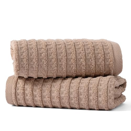 sense gnosis Brown Hand Towel Set of 2 Waffle with Terry Striped Pattern 100% Cotton Ultra Soft Absorbent Towels for Bathroom Kitchen Home 13 x 29 Inch - color: Brown