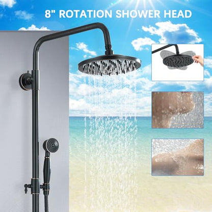 Rain Shower System Oil Rubbed Bronze Outdoor Shower Faucet Set with 8 Inch Rainfall Shower Head Handheld Spray 2 Cross Handles Wall Mounted Bathroom Shower Fixtures Solid Brass - color: Oil Rubbed Bronze, style: Two Modes