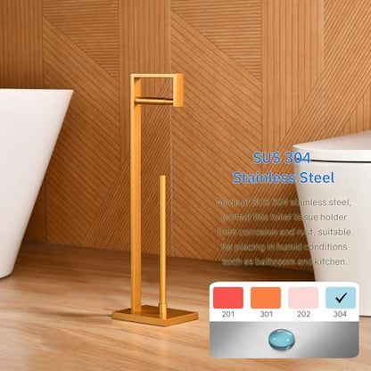 Free Standing Toilet Paper Holder with Reserve, Gold Bathroom Stainless Steel Tissue Paper Roll Dispenser Stand with Storage - color: Gold
