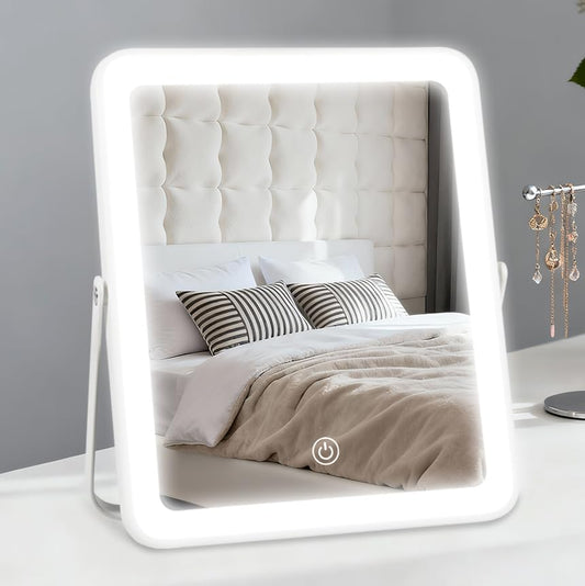 YEKKOPT Portable Desk Vanity Mirror with Lights,12"×10" Small Rechargeable Makeup Mirror with Lights,Smart Touch Screen with 3-Color Lighting,Dimmable,for Dorm Tabletop,Bedroom,Decor - color: White, size: 12"L x 10"W