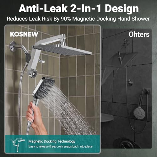 12" XXL Rainfall Shower Head with Handheld Combo, Chrome Polished | High Pressure, Magnetic Docking, Air-Infusion Tech, Anti-Leak One-Piece Design, Dual Square Showerhead - color: Chrome Polished