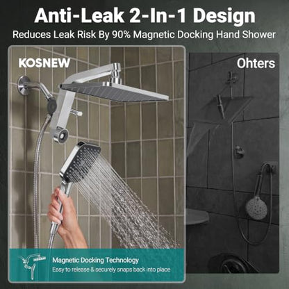 12" XXL Rainfall Shower Head with Handheld Combo, Chrome Polished | High Pressure, Magnetic Docking, Air-Infusion Tech, Anti-Leak One-Piece Design, Dual Square Showerhead - color: Chrome Polished
