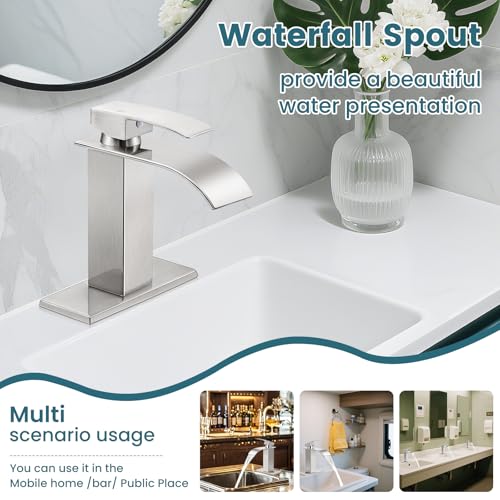 Bathroom Faucets Brushed Nickel Waterfall Bathroom Sink Faucet 2 Pack | with Pop-up Drain & Deck,Supply Hoses,Single Handle Vanity Faucet,Stainless Steel,1 or 3 Hole,RV,Farmhouse Bathrooms - color: A-Brushed Nickel x 2, style: Short