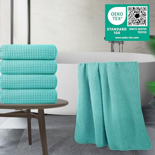 POLYTE 430 GSM Poly Blend Microfiber Quick Dry Waffle Bath Towel, 30x60 in | 4 Pack, Oversize, Lint Free, Body Towel - color: Aqua