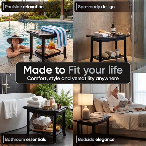 Teak shower bench with Storage Shelf, Shower Stool for Inside Shower, Waterproof Shower Bench Seat, Shower Chair for Inside Shower, Wood Bench, Bathroom Bench (Natural Wood) (Black Wood) - color: Black Wood