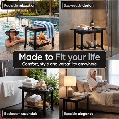 Teak shower bench with Storage Shelf, Shower Stool for Inside Shower, Waterproof Shower Bench Seat, Shower Chair for Inside Shower, Wood Bench, Bathroom Bench (Natural Wood) (Black Wood) - color: Black Wood