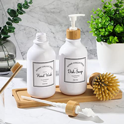 4 Pieces Kitchen Soap Dispenser Set 16 oz Dish Soap Dispenser with Bamboo Pump Soap Tray and Dish Brush Bathroom Soap Dispenser Set with Waterproof Labels for Hand Soap Dish Lotion (White) - color: White