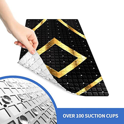 Bath Tub Mat Non Slip Shower Mat Black Gold Geometry Honeycomb Extra Long Bathtub Mat 26.8x15 inches Bathroom Bath Mat with Suction Cups Drain Holes Machine Washable - color: Black Gold Geometry Honeycomb