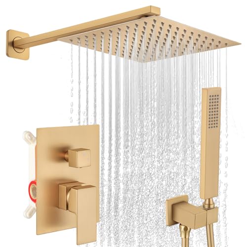 Shower Faucet Set 10 Inch Square Rain Head Brushed Gold w Handheld Sprayer & Valve - color: Gold-Square, style: 10"