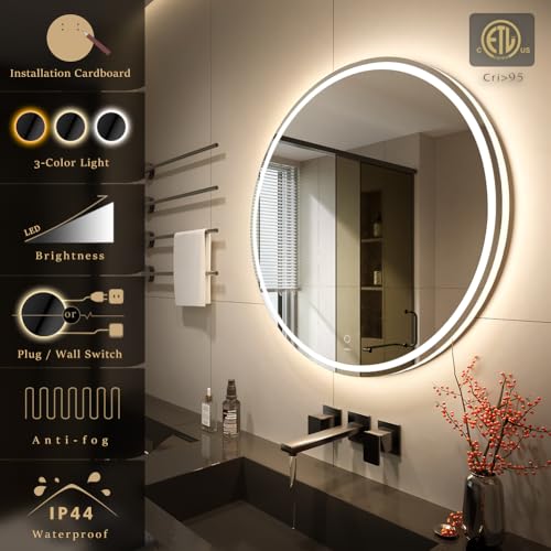 KWW Round Mirror Bathroom LED Lighted Mirror, Illuminated Dimmable Anti-Fog Wall-Mounted Makeup Vanity Mirror with Lights (36 inches) - size: 36"L x 36"W