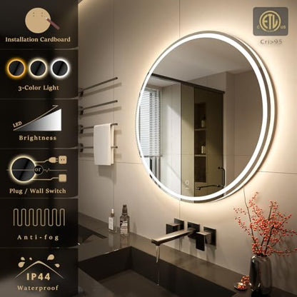 KWW Round Mirror Bathroom LED Lighted Mirror, Illuminated Dimmable Anti-Fog Wall-Mounted Makeup Vanity Mirror with Lights (36 inches) - size: 36"L x 36"W