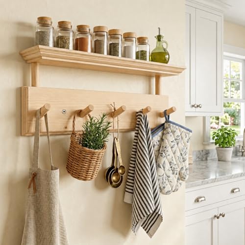 Matías Coat Rack Wall Mount with Shelf, 18 Inch Solid Wood Peg Rail, Wall Mounted Coat Rack with 5 Hooks, Wall Mount Shelf for Entryway, Bathroom or Bedroom (Natural Wood) - color: natural wood