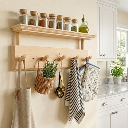 Matías Coat Rack Wall Mount with Shelf, 18 Inch Solid Wood Peg Rail, Wall Mounted Coat Rack with 5 Hooks, Wall Mount Shelf for Entryway, Bathroom or Bedroom (Natural Wood) - color: natural wood