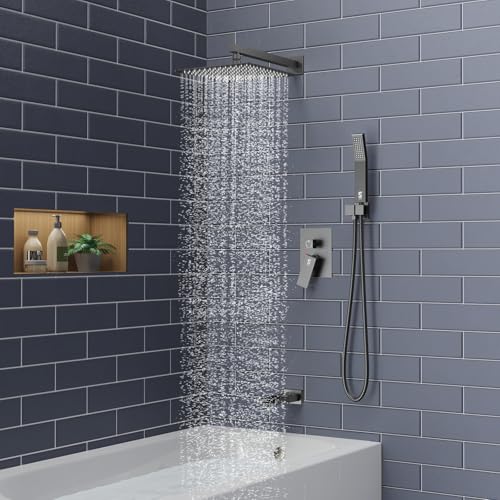 SR SUN RISE 12 Inch All Metal Square Shower System with Tub Spout, Tub Shower Faucet Set, High Pressure Rain Shower Head and Handheld Sprayer Shower Fixtues, Valve Included, Matte Black - color: Matte Black, size: 12 Inch