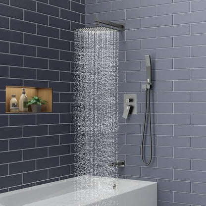 SR SUN RISE 12 Inch All Metal Square Shower System with Tub Spout, Tub Shower Faucet Set, High Pressure Rain Shower Head and Handheld Sprayer Shower Fixtues, Valve Included, Matte Black - color: Matte Black, size: 12 Inch