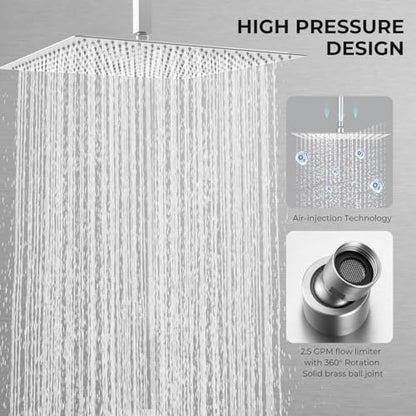 Oversize Rain Shower Head, Ultra Thin 16 Inch Square Stainless Steel Rainfall Shower Head with 360° Rotation, High Pressure Waterfall, Full Body Coverage, Brush Nickel - color: Brushed Nickel, size: 16 Inch