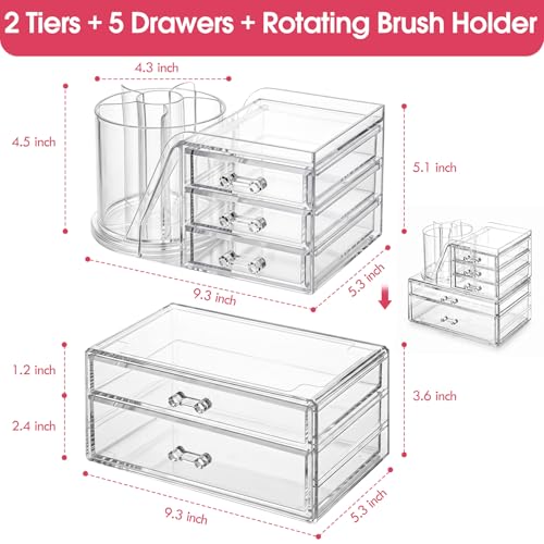 ShineMe Acrylic Makeup Organizers, 2 Tier Stackable Cosmetic Organizer for Vanity with 360° Rotating Makeup Brush Holder & 5 Drawers, Clear Hair Accessory Organizer Countertop for Dresser, Bathroom - size: 2tires, 5 drawers
