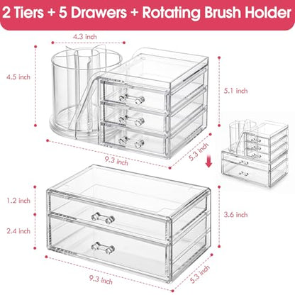 ShineMe Acrylic Makeup Organizers, 2 Tier Stackable Cosmetic Organizer for Vanity with 360° Rotating Makeup Brush Holder & 5 Drawers, Clear Hair Accessory Organizer Countertop for Dresser, Bathroom - size: 2tires, 5 drawers