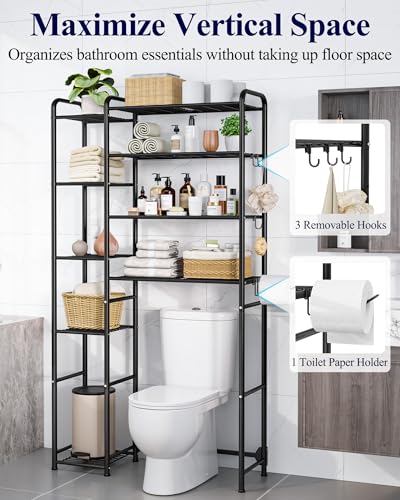Kitsure Over the Toilet Storage – 9-Tier Black Metal Bathroom Organizer Shelves with Adjustable Side Shelves, Space-Saving Over Toilet Rack for Small Bathrooms, Apartments & Rental Homes, 68.7" H
