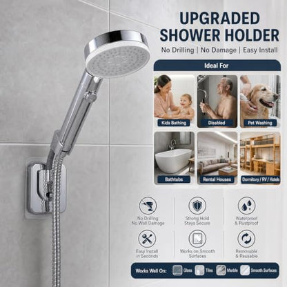 Adhesive Handheld Shower Head Holder - 360 Swivel Adjustable - Wall Mount Shower Wand Holder - (Chrome Finish)
