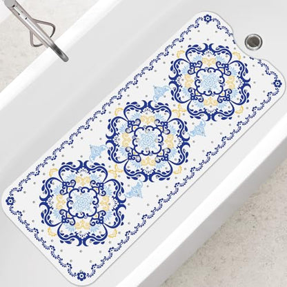 SHUCHING Blue Bath Mat for Tub Non Slip-40x16 Inch, Boho | Bathtub Mat for Elderly Mold Free, Long Shower Mat for Inside Shower with Suction Cup, Machine Washable - color: Blue Flower