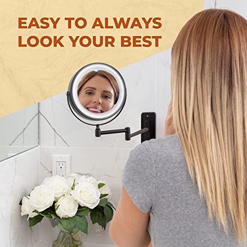 Wall Mounted Lighted Makeup Mirror - Swing Arm Vanity Mirror with Lights and 10X Magnification for Bathroom - Includes Rechargeable LED Cable and Instruction Manual