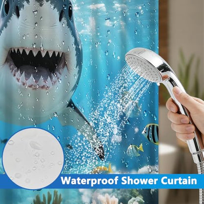 Ocean No Hook Shower Curtain with Snap in Liner Set, Shark Shower Curtain with Mesh Top Window and Weighted Hem, 71x74in Hotel Style Summer Double-layer Waterproof Fabric Shower Curtain for Bathroom - color: Shark