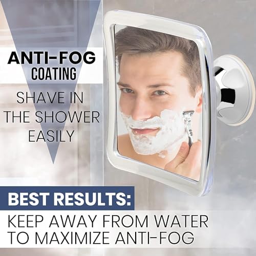 3X Fogless Magnifying Shower Mirror for Shaving, 6.3" x 6.3" | Shatterproof Anti Fog Shaving Mirror with Strong Suction Cup & 360° Swivel for Crystal Clear Shaving Every Time