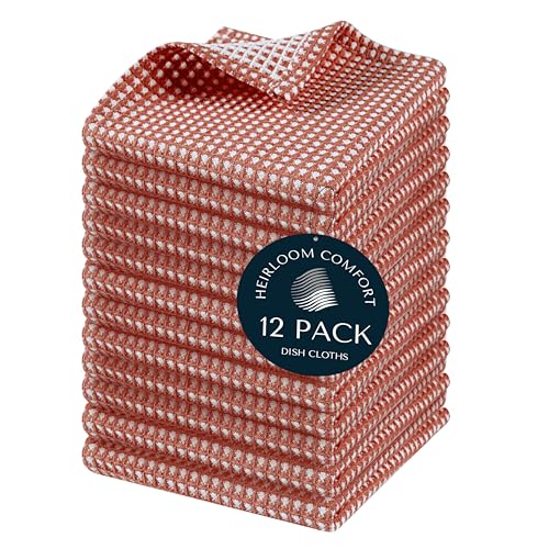 12 Pack Dual Tone Reversible Waffle Weave Dish Cloth, 12x12 Inch, 100% Cotton, Absorbent Dishcloth Set, Quick Drying, Durable for Cleaning, Wiping, Machine Washable, Rust - color: Rust