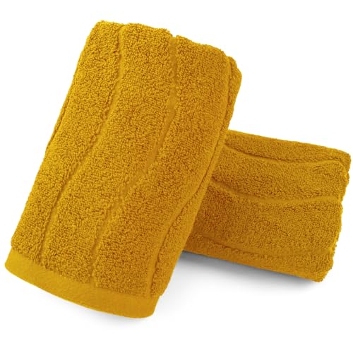Jacquotha Wavy Striped Cotton Hand Towels, Set of 2 | Dry Your Hand Instantly, 13x29 Inches, Mustard Fall Kitchen Bathroom Towel - color: Mustard