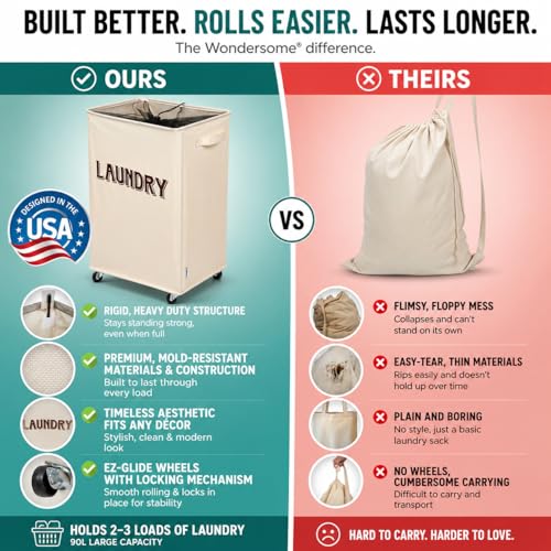 Wondersome Laundry Hamper with Wheels - Farmhouse Cream - 90-Liter Extra Large Collapsible Rolling Clothes Cart - Heavy Duty Locking Metal Wheel Tall Rectangular Canvas Storage Basket - US-Based Brand