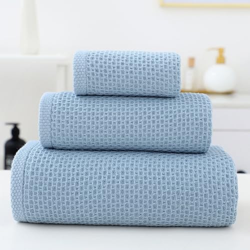 SK Studio 6 Piece Blue Bath Towels Set Cotton Waffle Bathroom Towels | 2 Bath Towels, 2 Hand Towels, 2 Washcloths Quick Dry for College Dorm, Spa - color: Blue
