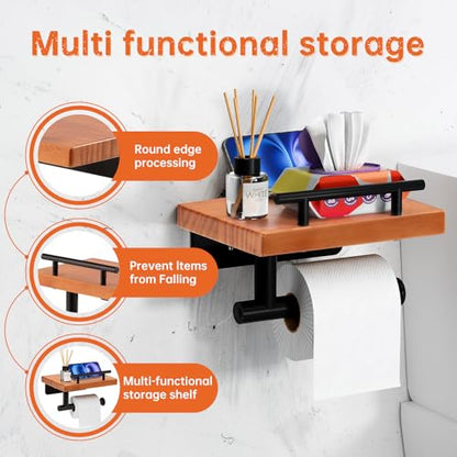 Toilet Paper Holder with Wood Shelf, Wall Mount Toilet Paper Roll Holder with Wooden Shelf and Matte Black Stainless Steel Pipe, Tissue Roll Holder for Bathroom Washroom (Light Brown, 7.9'' x 5.9'') - color: Light Brown, size: 7.9'' x 5.9''