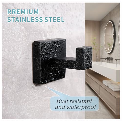Matte Black Towel Hooks, SUS 304 Stainless Steel Robe Hooks, 2 Pack | Wall mounted bathroom hooks with matte black finish for towels, robes, coats and clothes; ideal for kitchen and bedroom